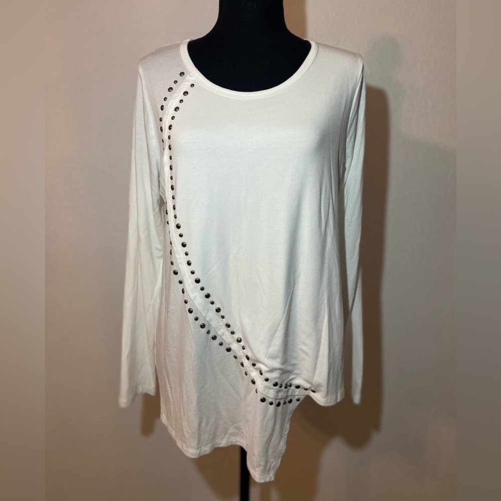 Cyrus pullover long sleeve top with brass tack detail and asymmetric hem Size Lg